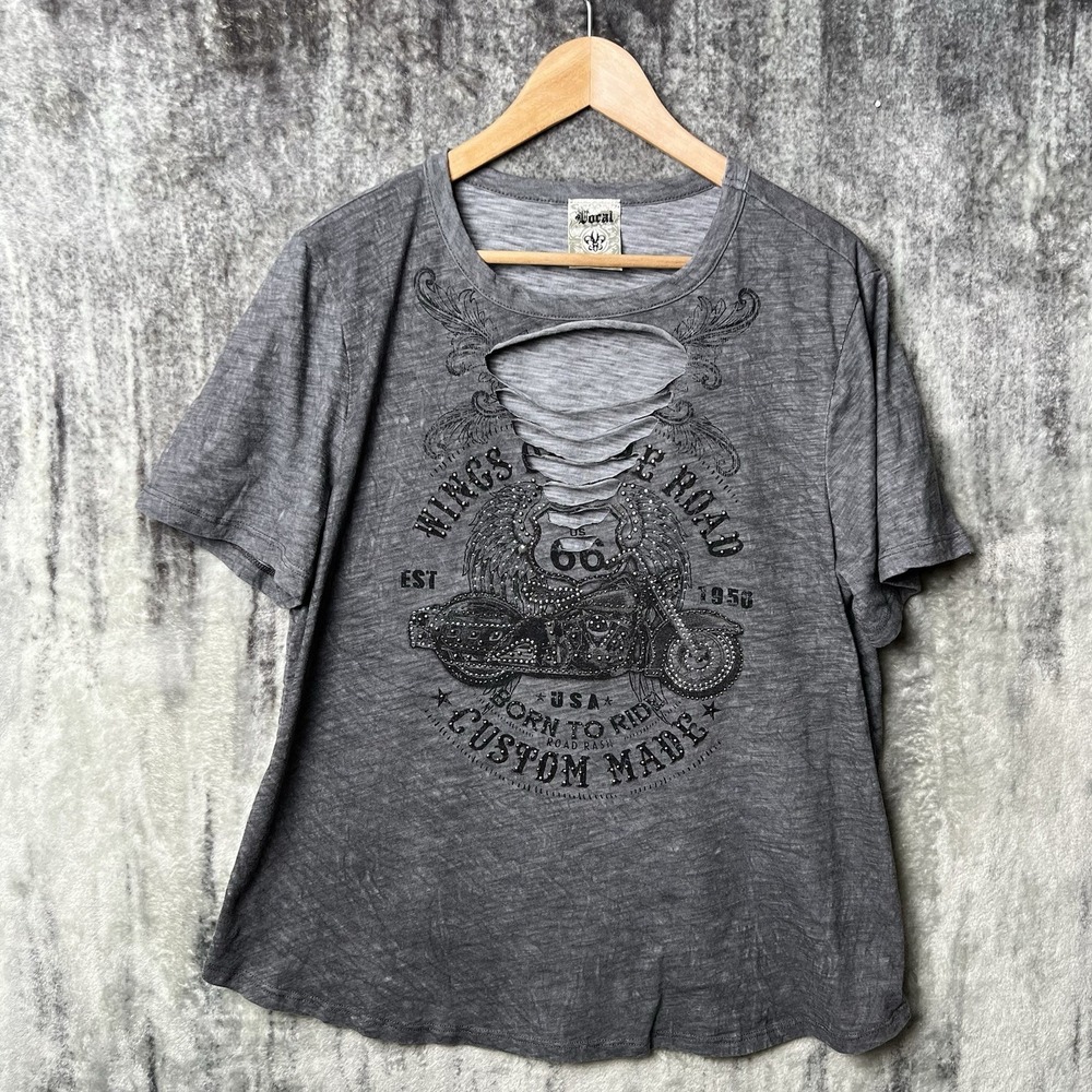 Vintage Y2K Vocal Women's Top 2XL Biker Cowgirl Embellished T-shirt Ripped